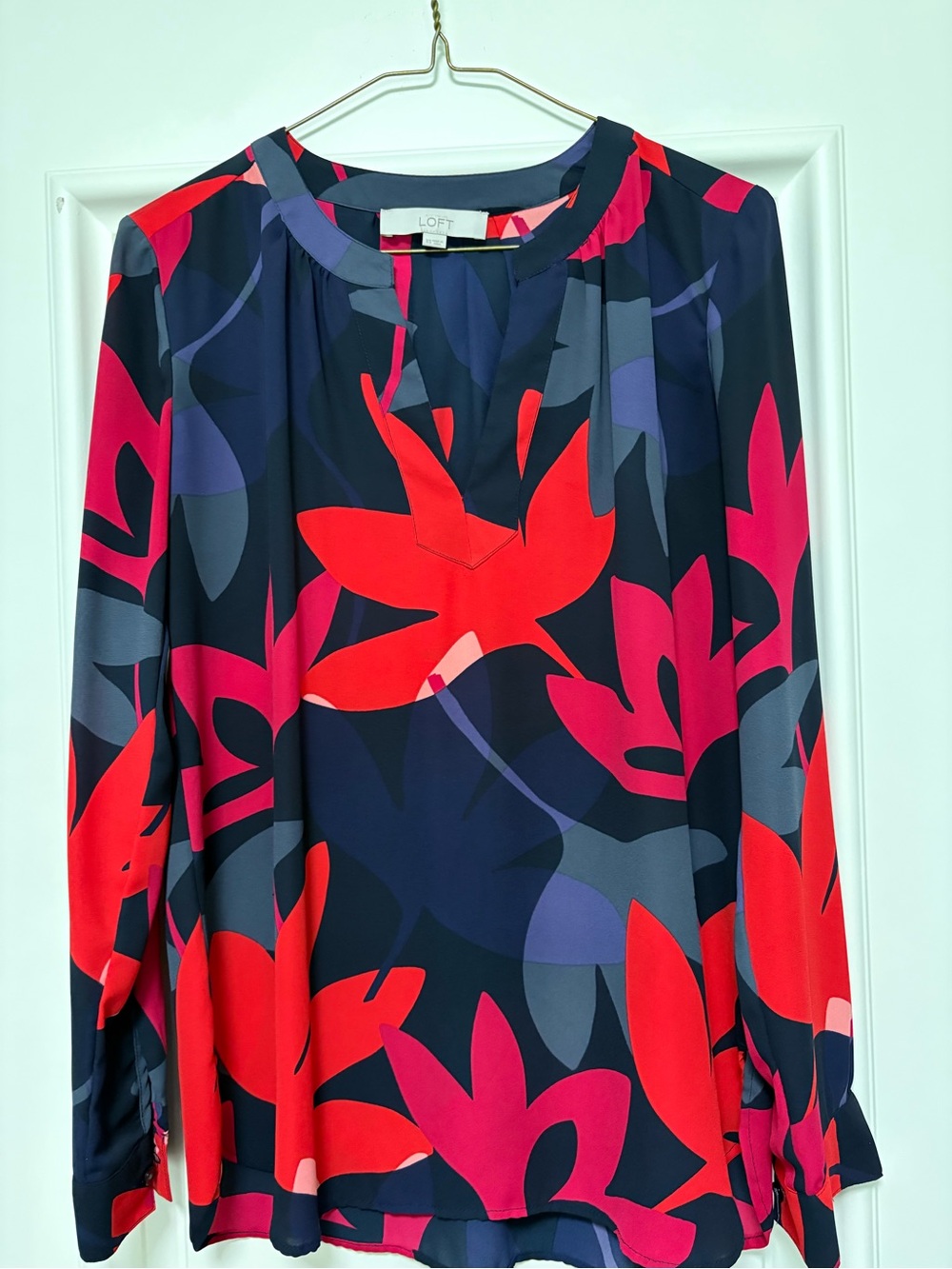 LOFT Striped Navy Top with Red and Pink Accents